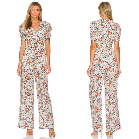 Saloni Lea Cutout Jumpsuit Floral Silk Sz 6 White Pink Red Blue Green Flowy Chic - Picture 1 of 16